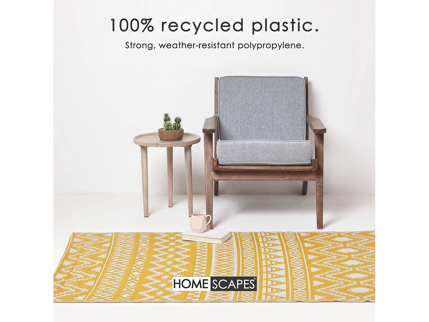 Homescapes Luxury Outdoor Rug Waterproof Reversible for Garden, 120 x 180 cm, Yellow & White, 100% Recycled, Anna Aztec