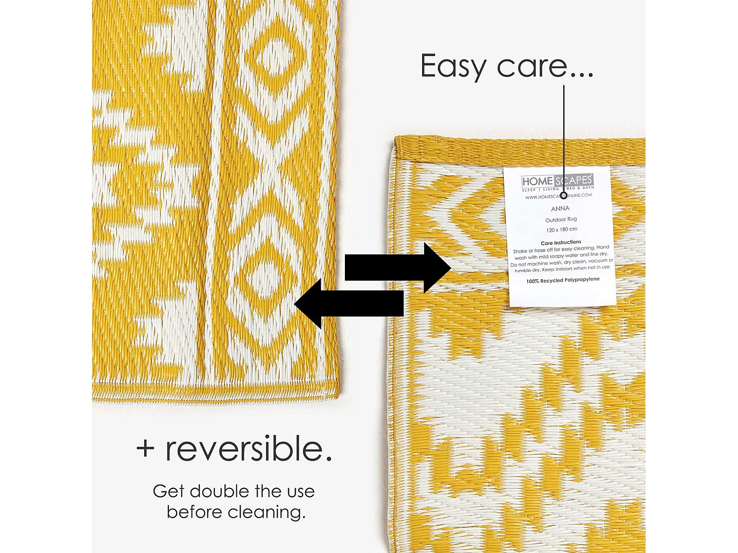 Homescapes Luxury Outdoor Rug Waterproof Reversible for Garden, 120 x 180 cm, Yellow & White, 100% Recycled, Anna Aztec