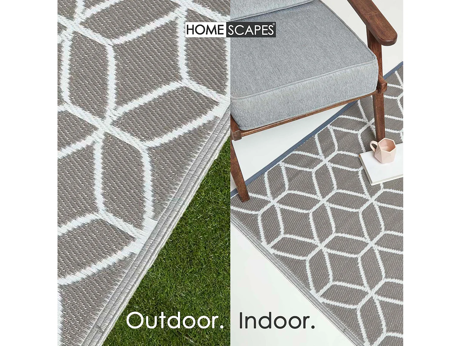Homescapes Luxury Outdoor Rug Waterproof Reversible for Garden, 120 x 180 cm, Grey & White, 100% Recycled, Geometric