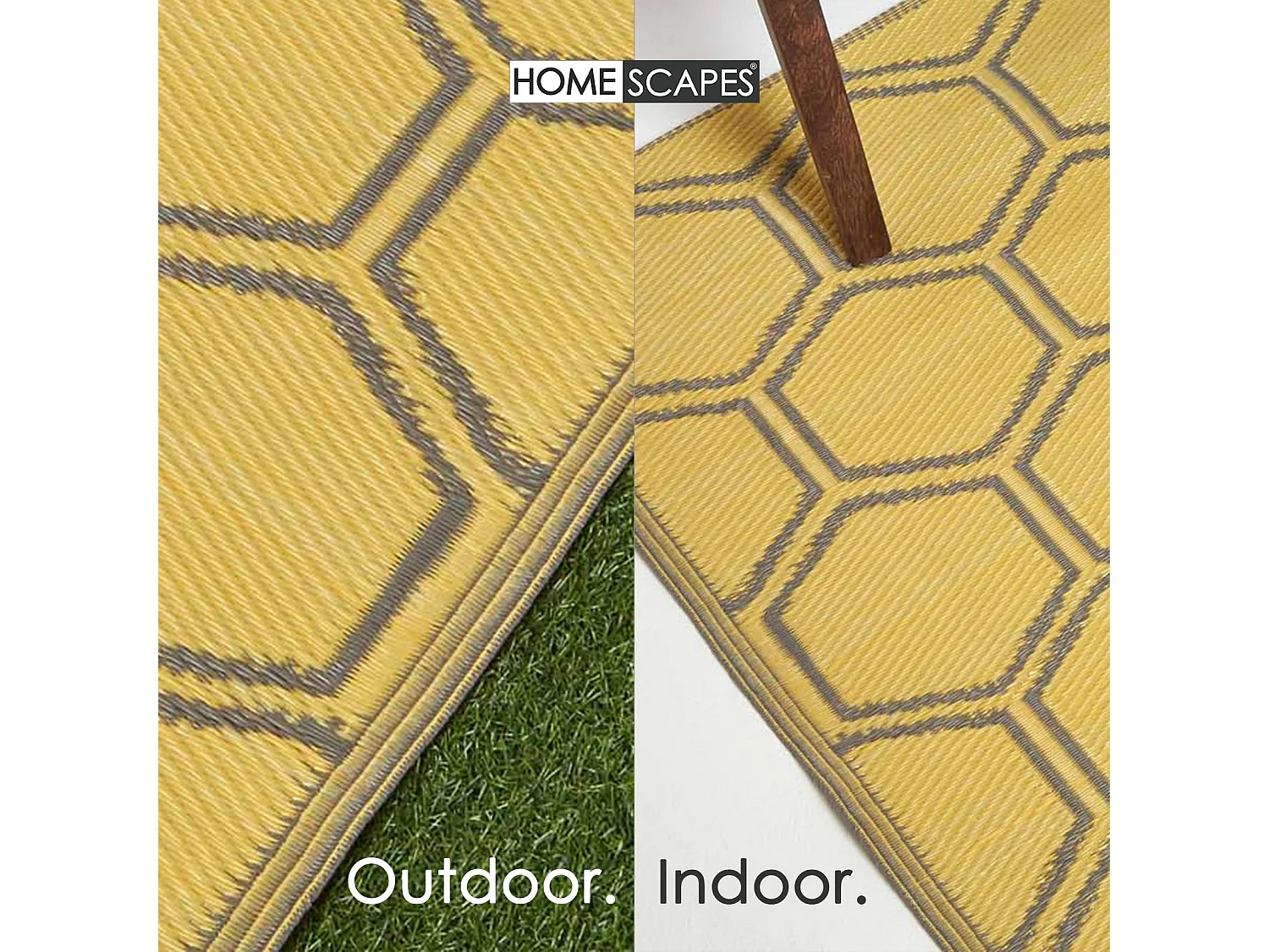 Homescapes Luxury Outdoor Rug Waterproof Reversible for Garden Patio, 182 x 122 cm, Yellow, 100% Recycled, Honeycomb