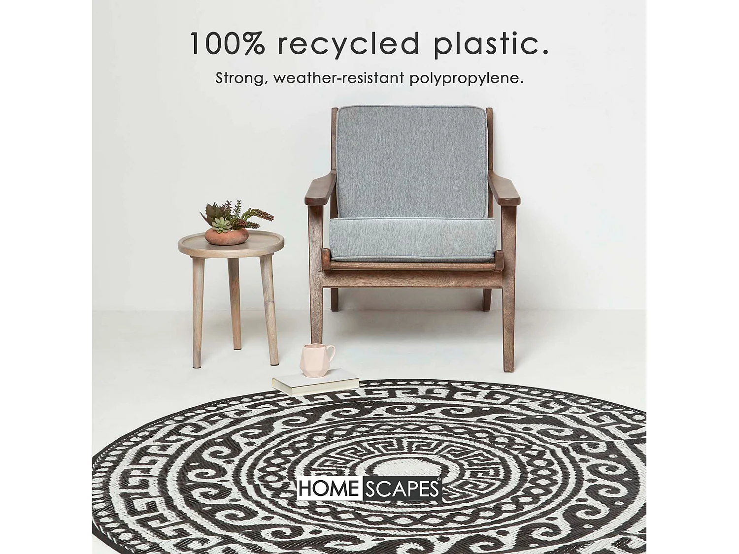 Homescapes Luxury Round Outdoor Rug Waterproof Reversible for Garden, 180 cm, Black & White, 100% Recycled, Enid Aztec