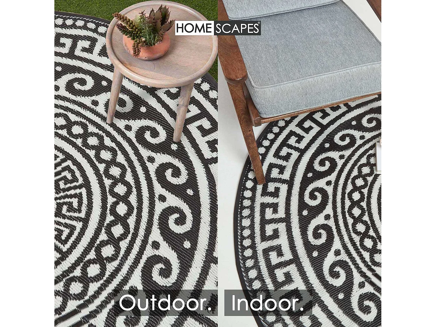 Homescapes Luxury Round Outdoor Rug Waterproof Reversible for Garden, 180 cm, Black & White, 100% Recycled, Enid Aztec