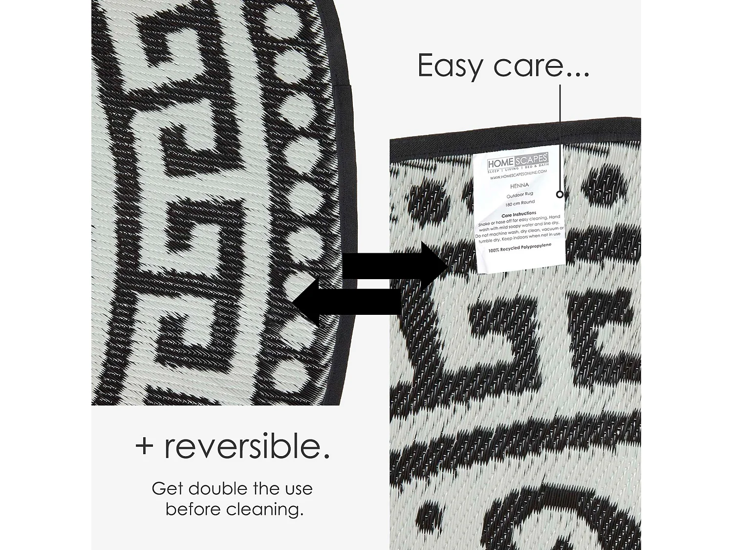 Homescapes Luxury Round Outdoor Rug Waterproof Reversible for Garden, 180 cm, Black & White, 100% Recycled, Enid Aztec