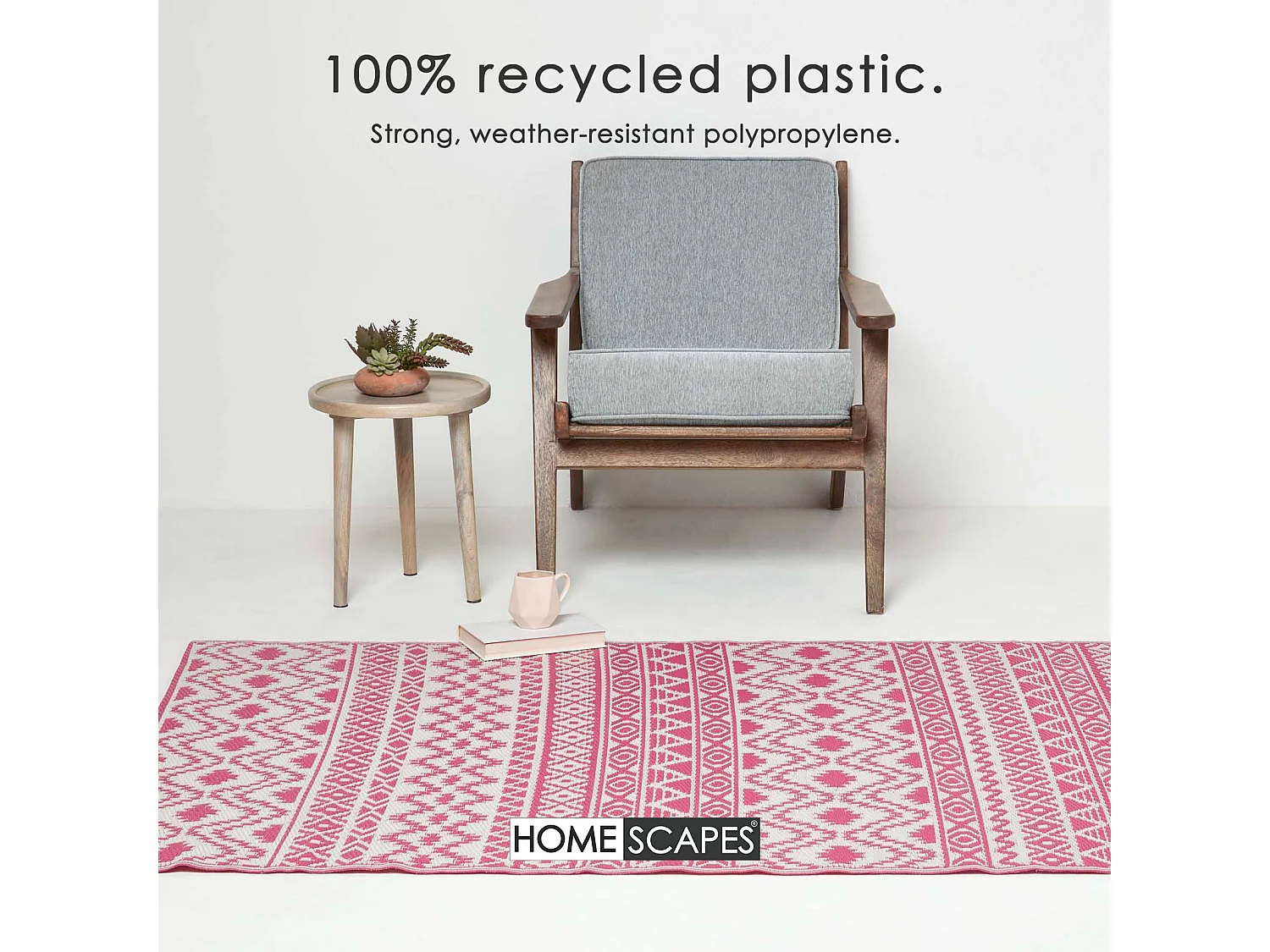 Homescapes Luxury Outdoor Rug Waterproof Reversible for Garden Patio, 180 x 270 cm, Pink, 100% Recycled, Tia Aztec