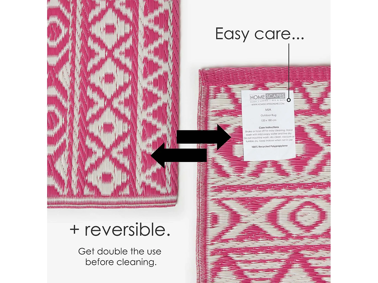 Homescapes Luxury Outdoor Rug Waterproof Reversible for Garden Patio, 180 x 270 cm, Pink, 100% Recycled, Tia Aztec