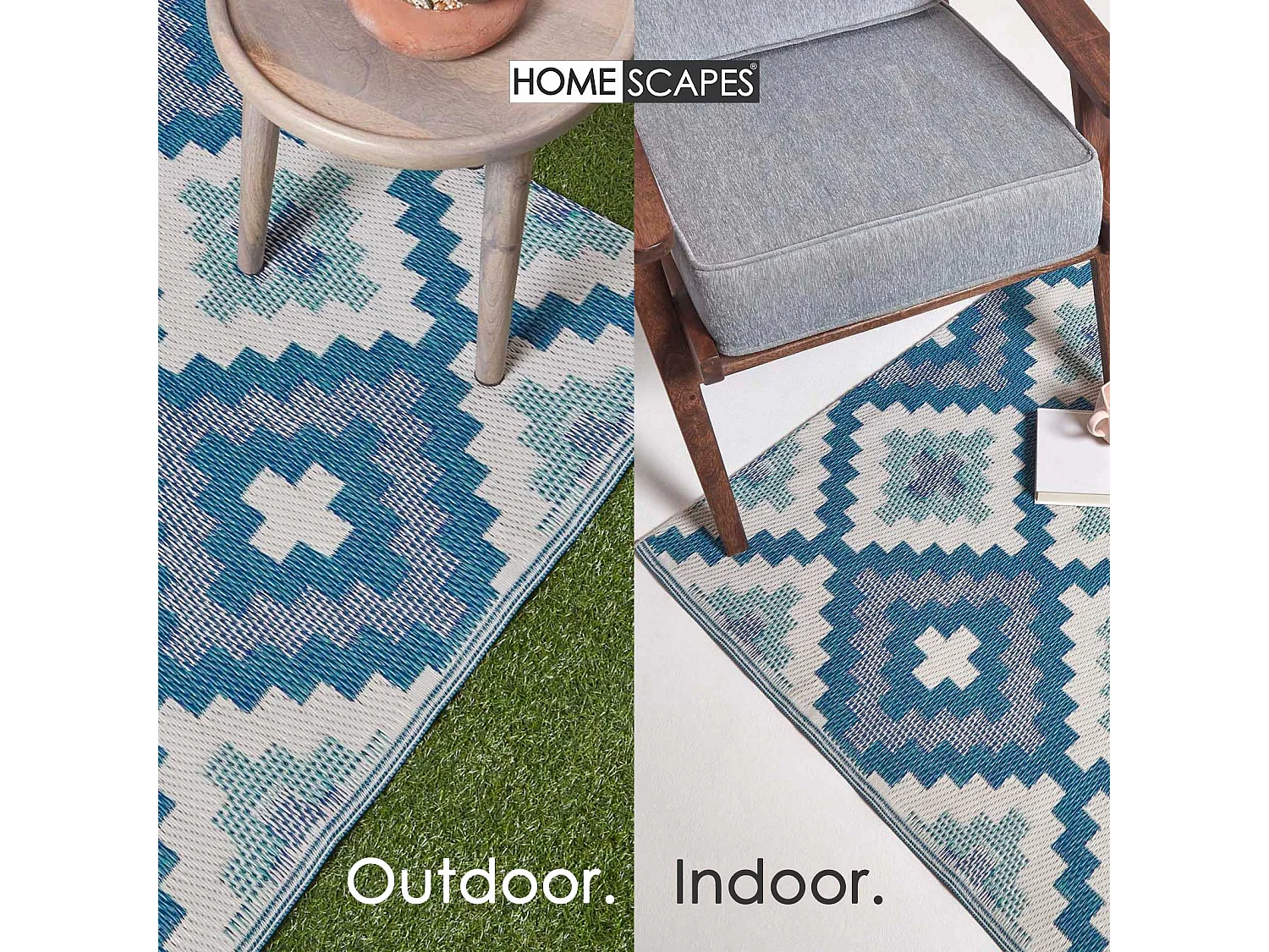 Homescapes Luxury Outdoor Rug Waterproof Reversible for Garden Patio, 150 x 240 cm, Blue, 100% Recycled, Mia Aztec