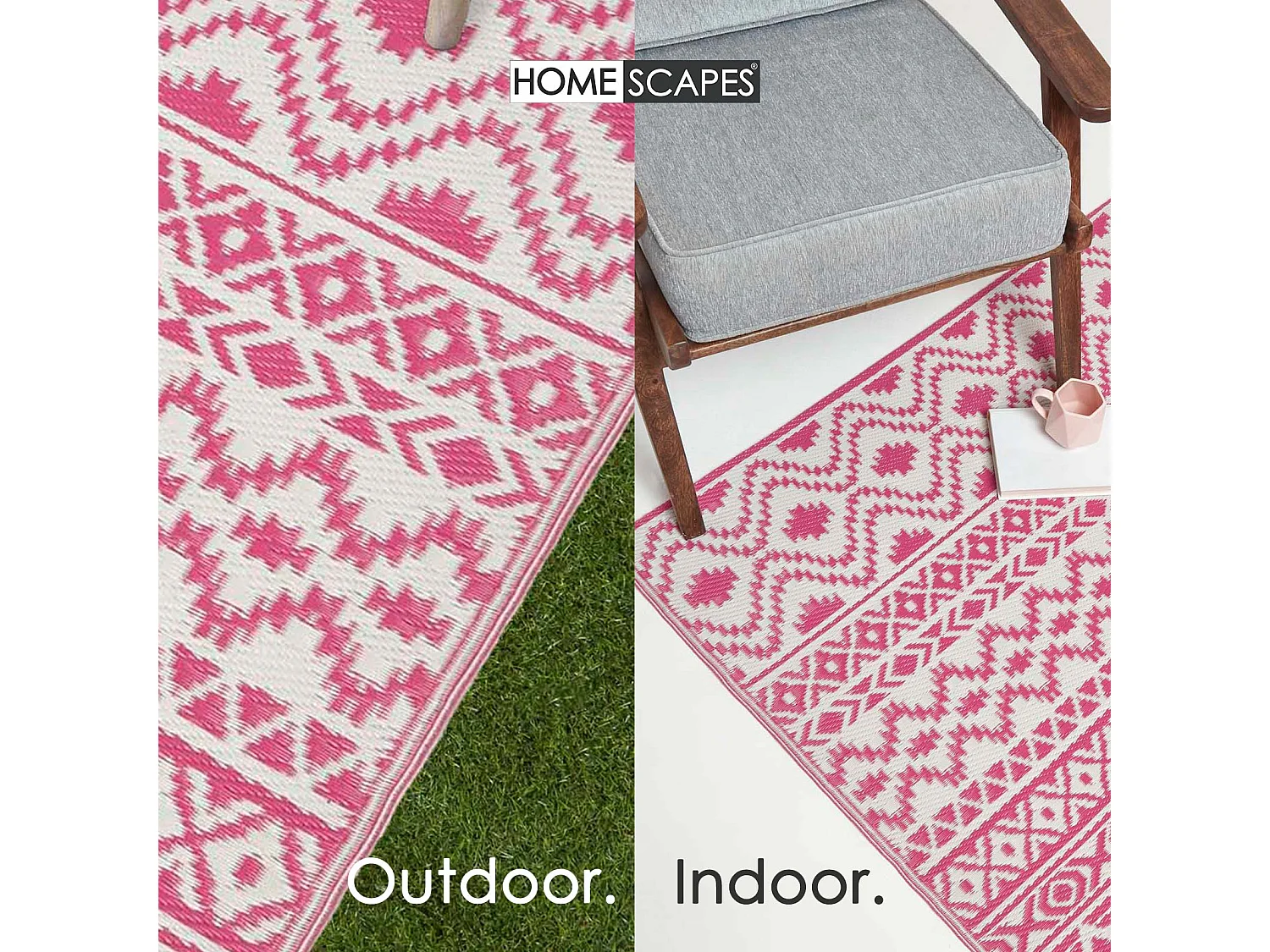 Homescapes Luxury Outdoor Rug Waterproof Reversible for Garden Patio, 120 x 180 cm, Pink, 100% Recycled, Tia Aztec