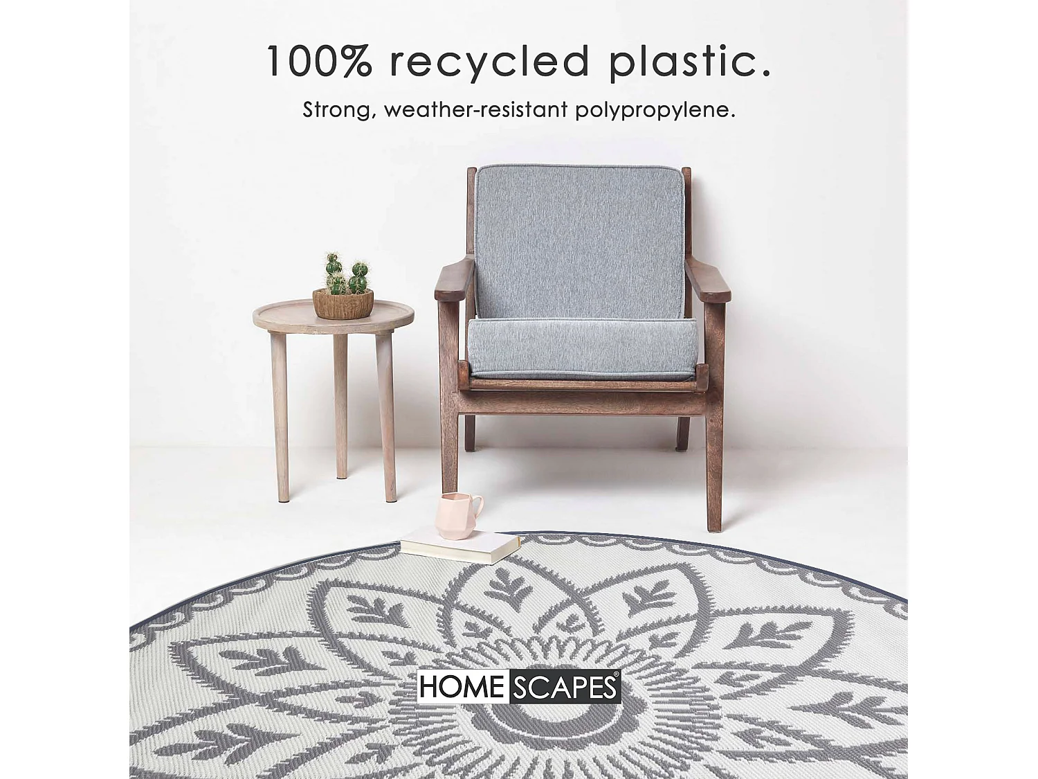 Homescapes Luxury Round Outdoor Rug Waterproof Reversible for Garden Patio, 180 cm, White & Grey, 100% Recycled, Henna