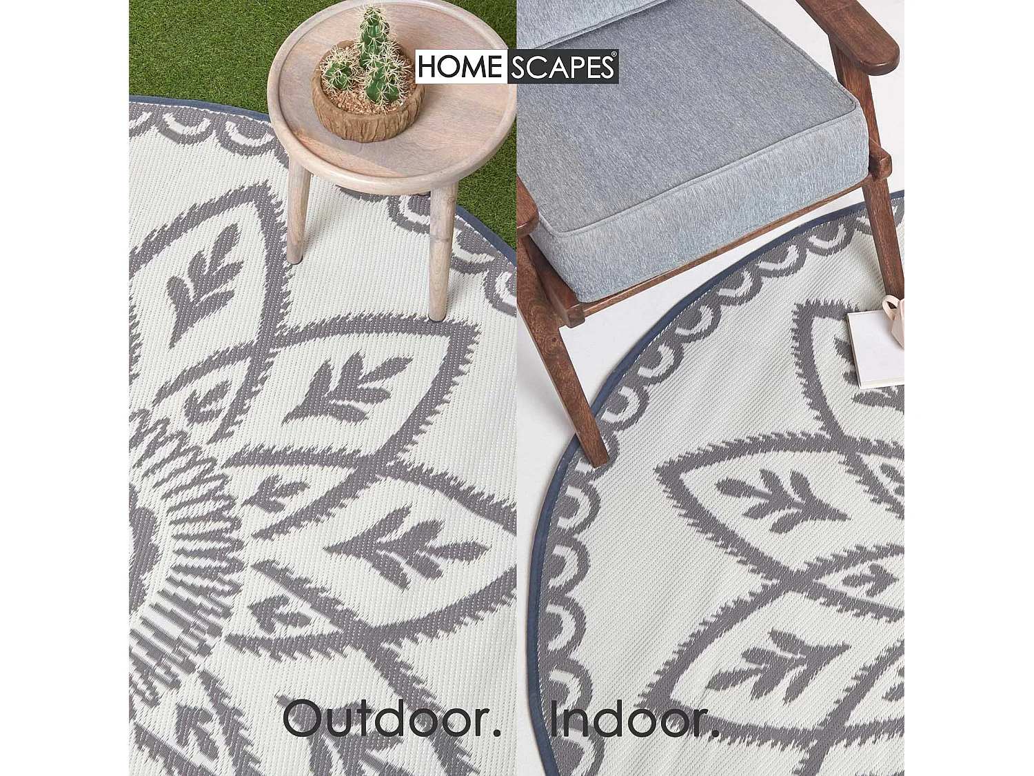 Homescapes Luxury Round Outdoor Rug Waterproof Reversible for Garden Patio, 180 cm, White & Grey, 100% Recycled, Henna