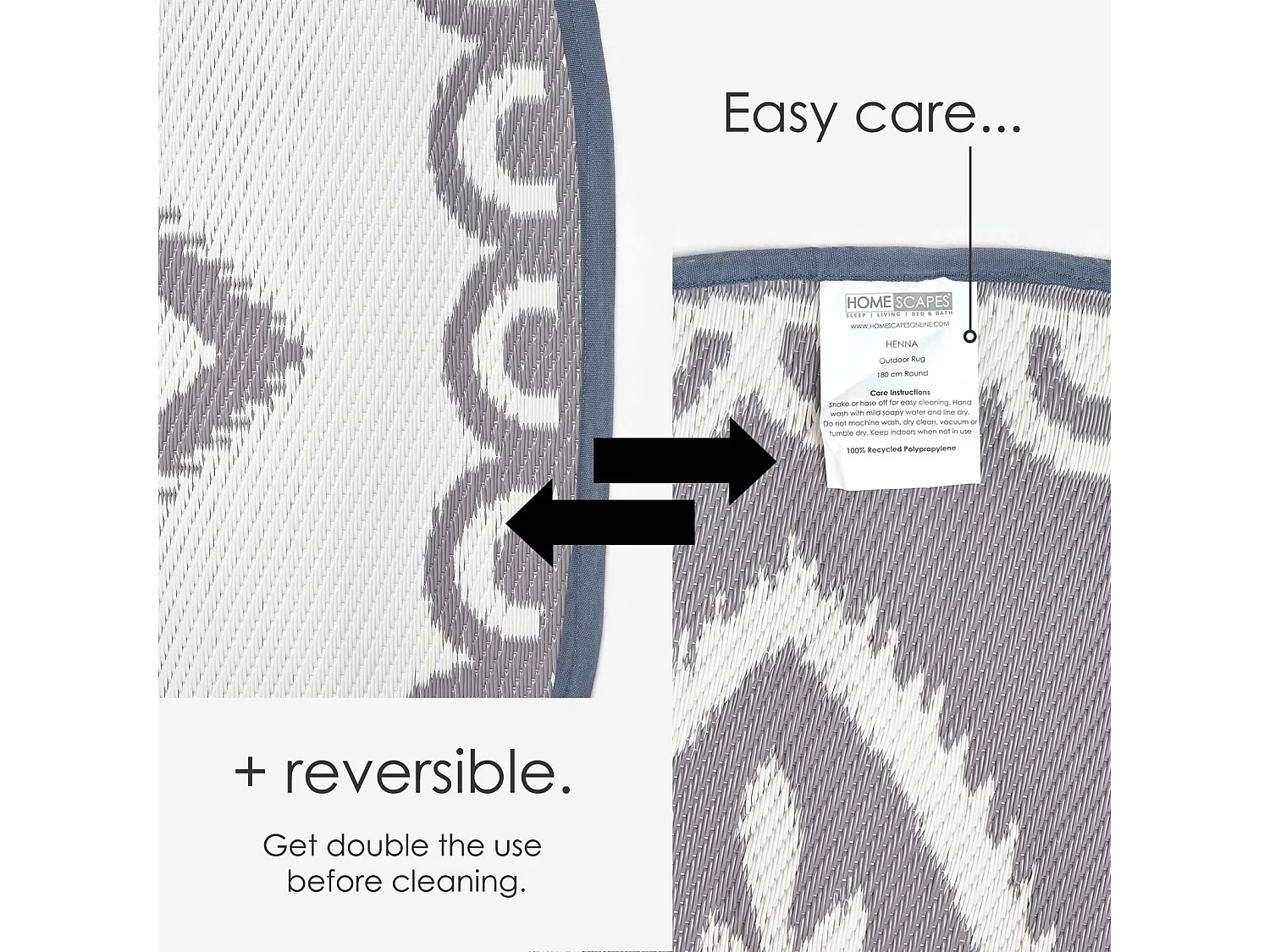 Homescapes Luxury Round Outdoor Rug Waterproof Reversible for Garden Patio, 180 cm, White & Grey, 100% Recycled, Henna