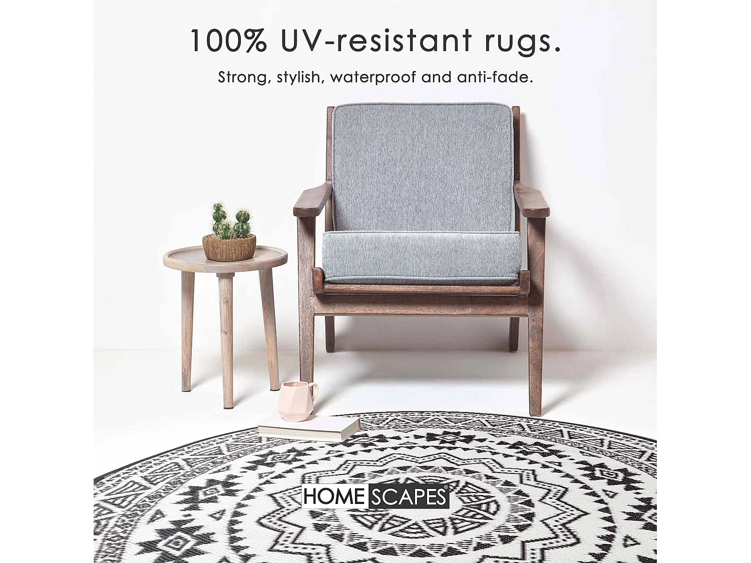Homescapes Luxury Outdoor Rug Waterproof Reversible Round for Garden Patio, 180 cm, Black & White, 100% Recycled, Motif