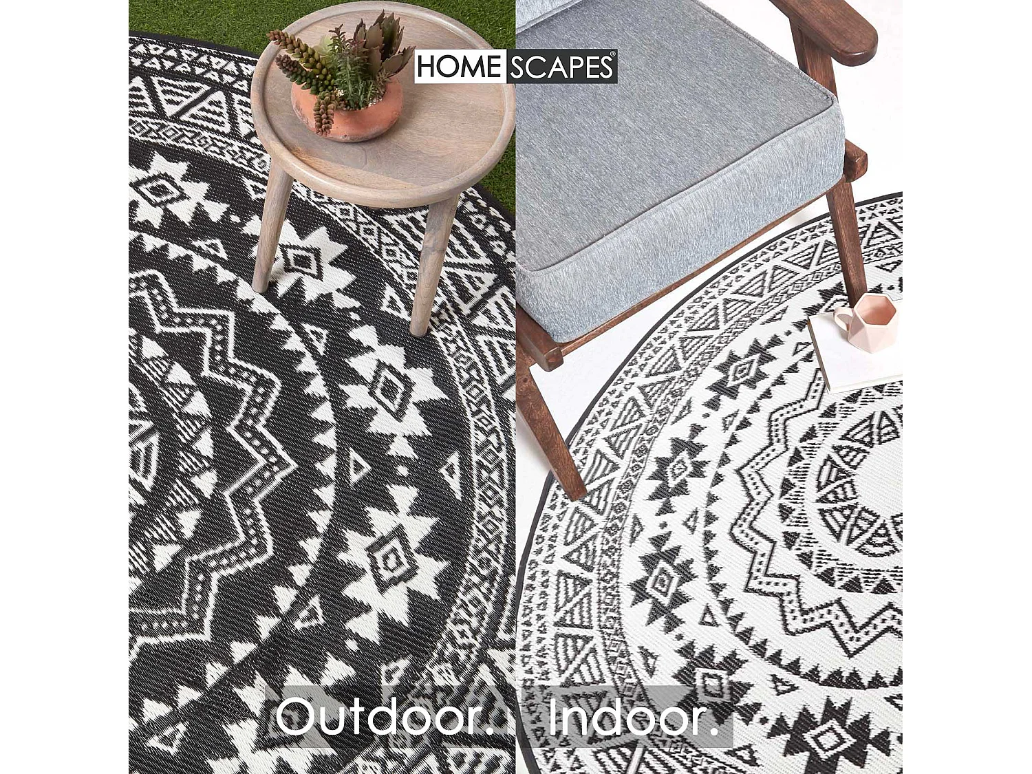 Homescapes Luxury Outdoor Rug Waterproof Reversible Round for Garden Patio, 180 cm, Black & White, 100% Recycled, Motif