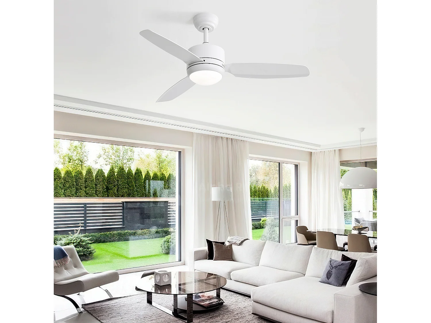 Ventilateur de Plafond avec Lumière LED 117cm, 46" - Moteur DC Ultra-Silencieux, 3 Pales en ABS, Télécommande, Réversible, Dimmable - Blanc Mat