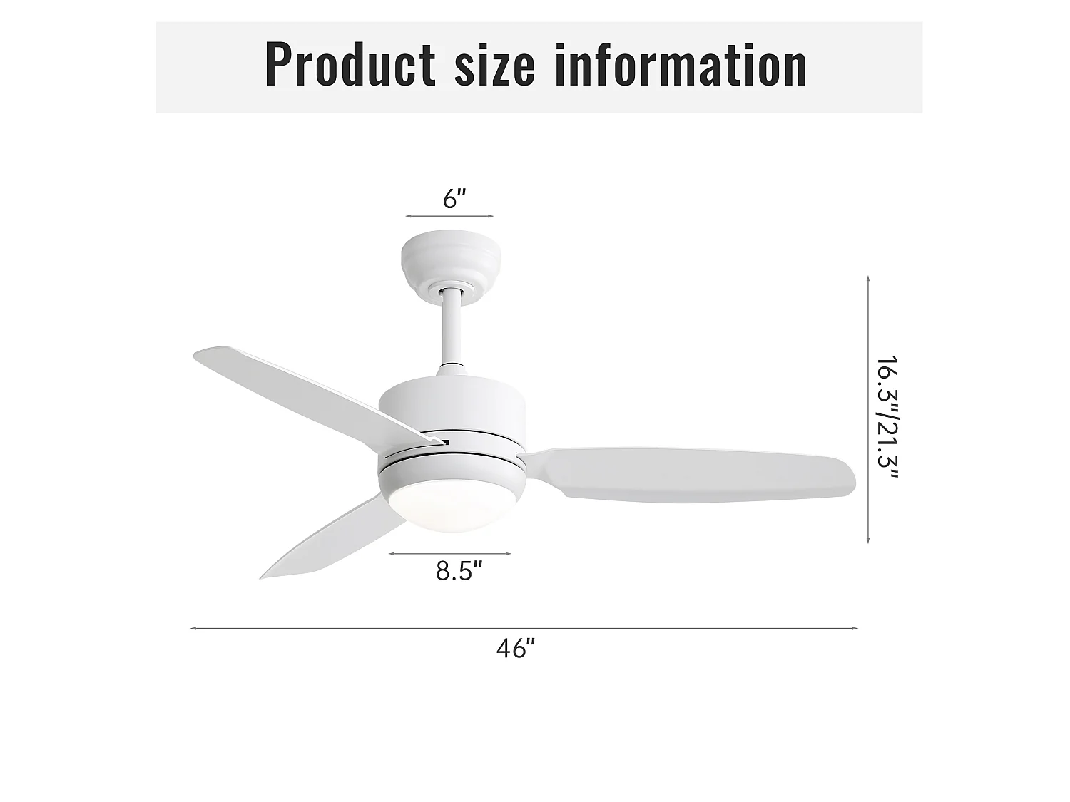Ventilateur de Plafond avec Lumière LED 117cm, 46" - Moteur DC Ultra-Silencieux, 3 Pales en ABS, Télécommande, Réversible, Dimmable - Blanc Mat