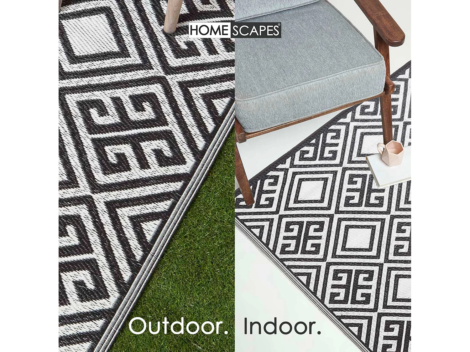 Homescapes Luxury Outdoor Rug Waterproof Reversible for Garden, 120 x 186 cm, Black & White, 100% Recycled, Geometric