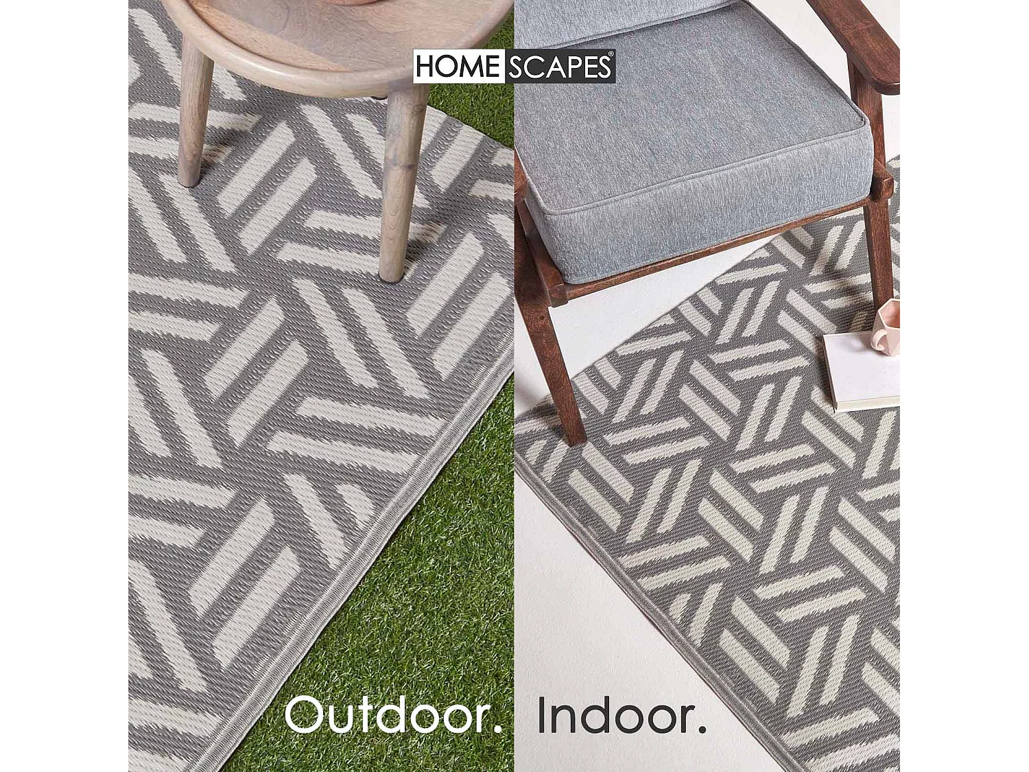 Homescapes Luxury Outdoor Rug Waterproof Reversible for Garden, 180 x 270 cm, Grey & White, Recycled, Luna Geometric