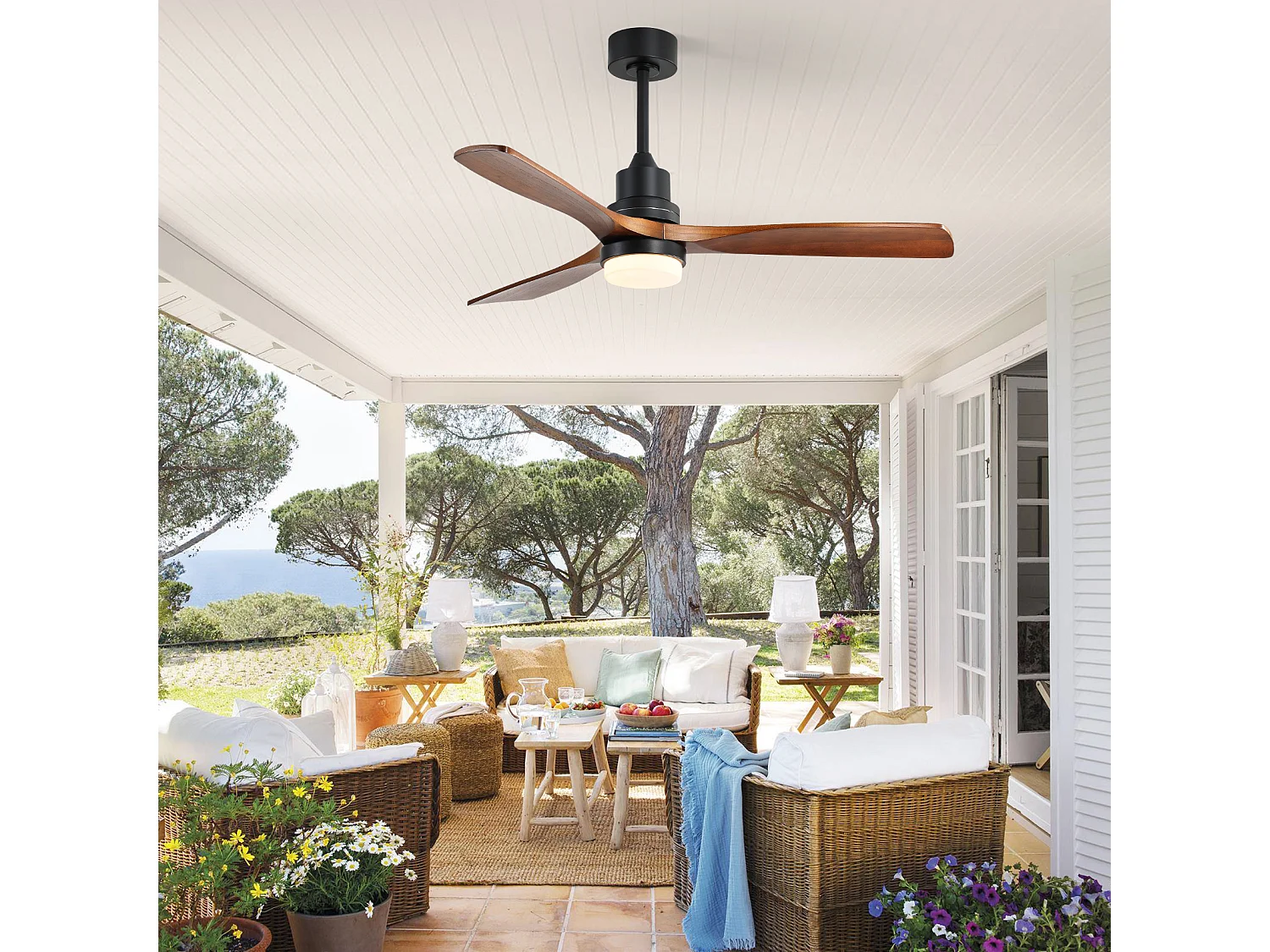 Ventilateur de Plafond avec Lumière LED 132cm, 52" - Moteur DC Silencieux, 3 Pales en Bois Massif, Télécommande, Réversible - Noir & Noyer