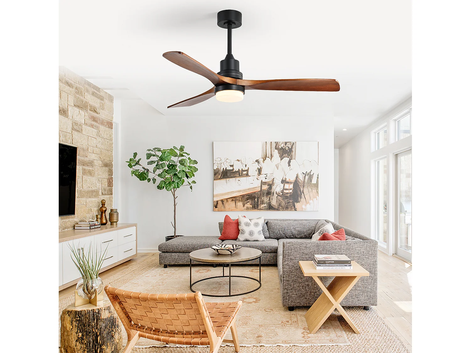 Ventilateur de Plafond avec Lumière LED 132cm, 52" - Moteur DC Silencieux, 3 Pales en Bois Massif, Télécommande, Réversible - Noir & Noyer