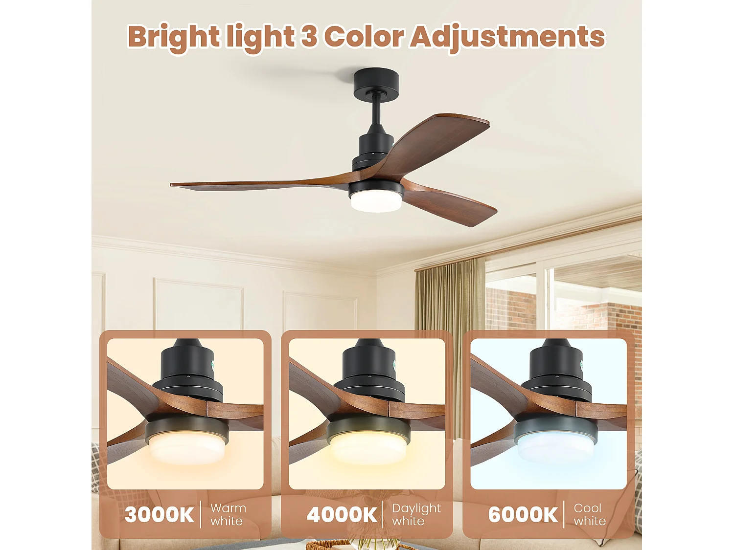Ventilateur de Plafond avec Lumière LED 132cm, 52" - Moteur DC Silencieux, 3 Pales en Bois Massif, Télécommande, Réversible - Noir & Noyer