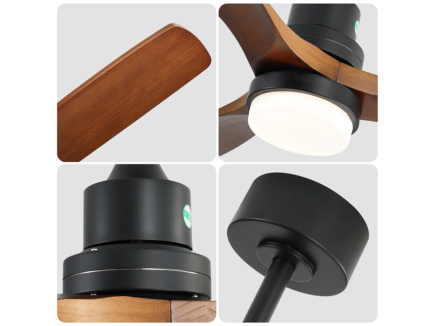Ventilateur de Plafond avec Lumière LED 132cm, 52" - Moteur DC Silencieux, 3 Pales en Bois Massif, Télécommande, Réversible - Noir & Noyer