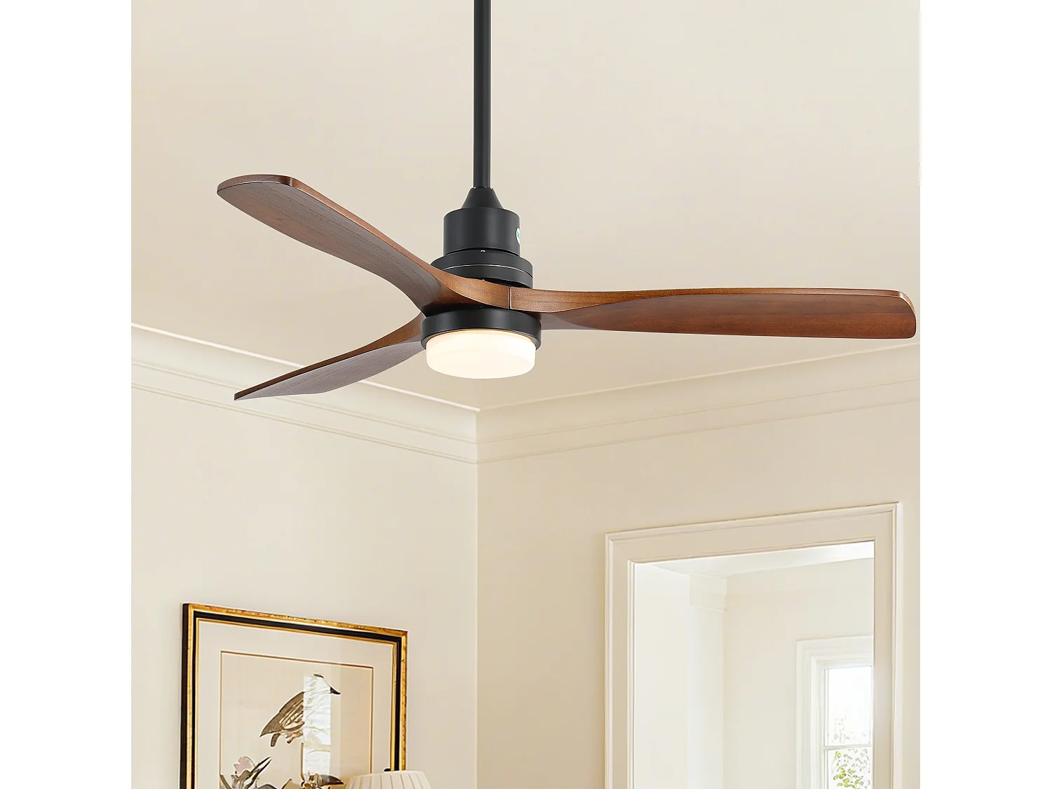 Ventilateur de Plafond avec Lumière LED 132cm, 52" - Moteur DC Silencieux, 3 Pales en Bois Massif, Télécommande, Réversible - Noir & Noyer