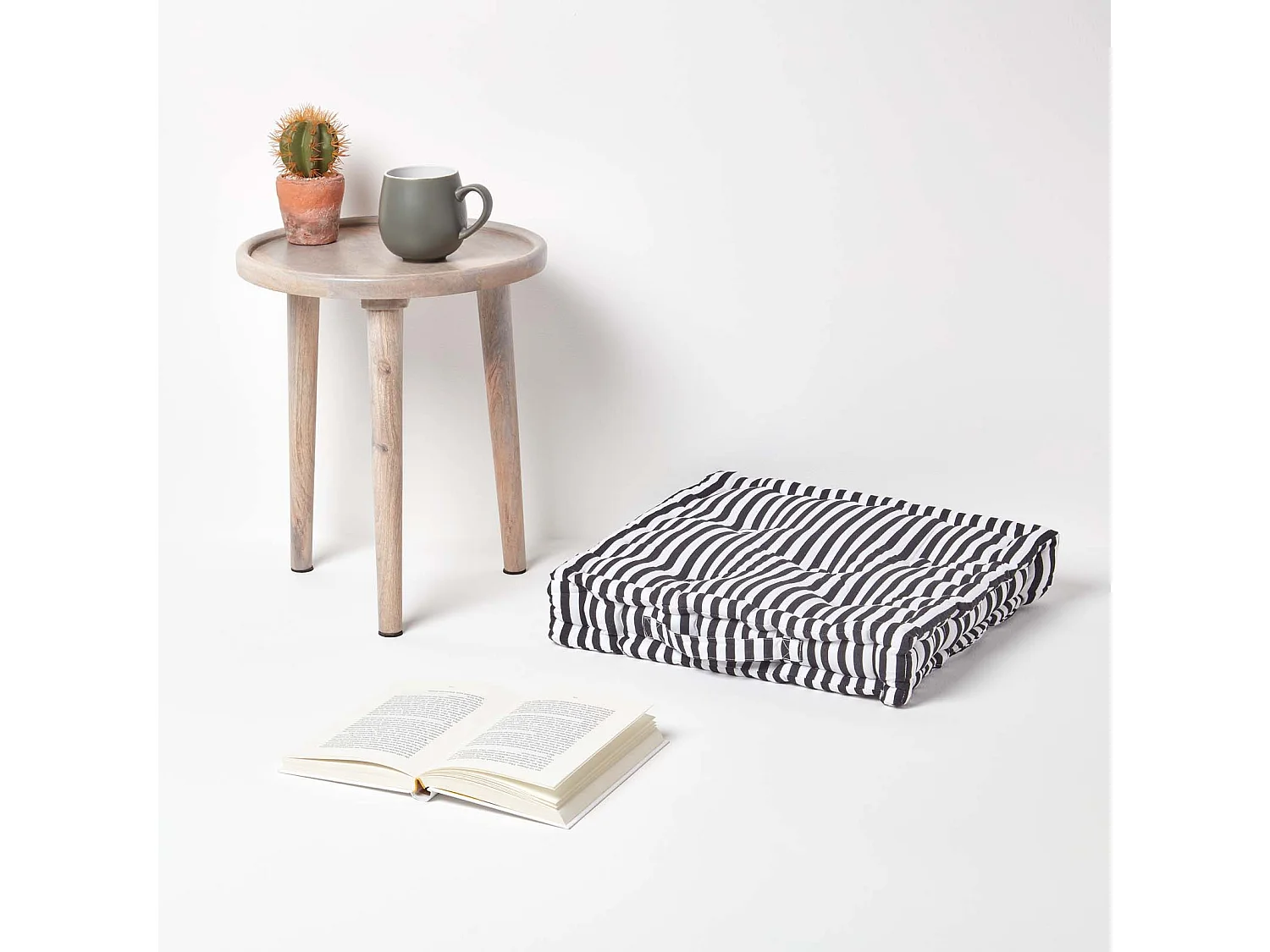 Homescapes 100% Cotton Stripe Floor Cushion, 50 x 50 x 10 cm, Black, OEKO-TEX Certified, Handcrafted, 20 x 20 x 4"