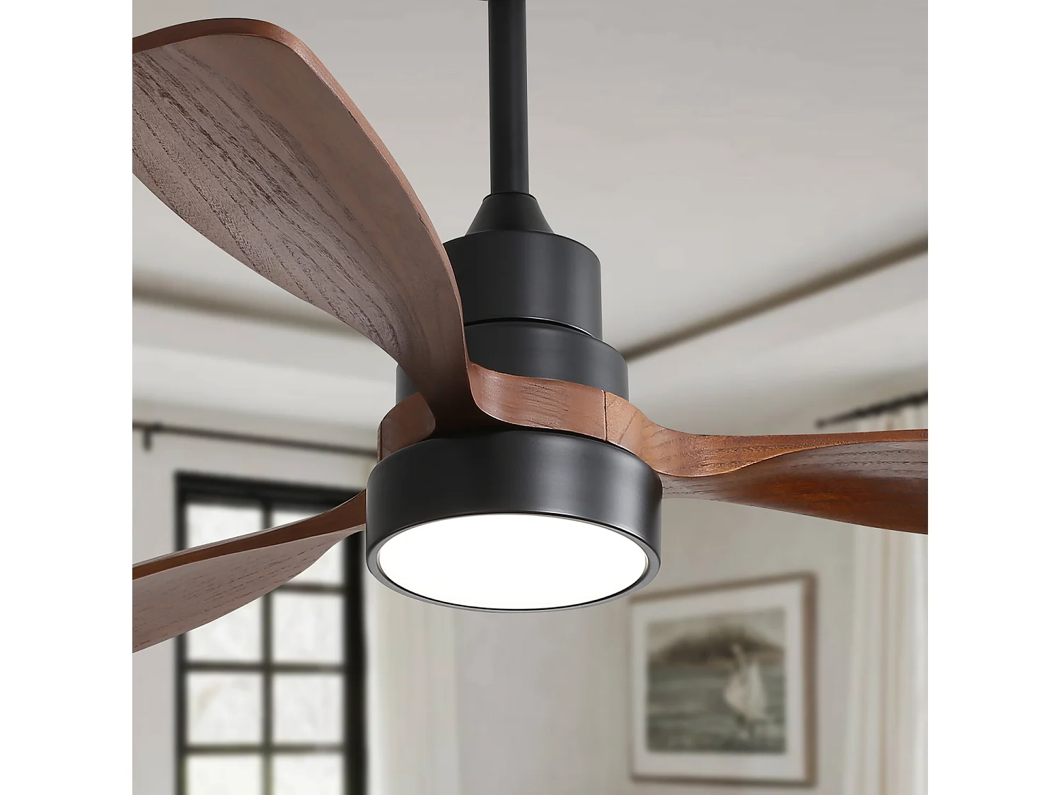 Deckenventilator mit LED-Beleuchtung 122 cm, 48" - Ultra-leiser DC-Motor, 3 Flügel aus Massivholz, Fernbedienung, Umkehrfunktion, Dimmbar - Schwarz