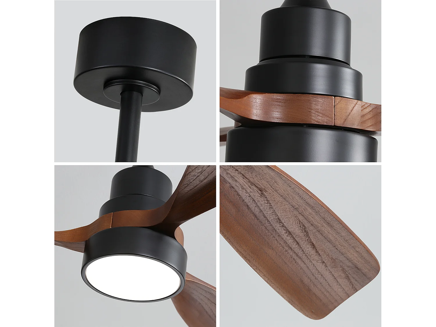 Deckenventilator mit LED-Beleuchtung 122 cm, 48" - Ultra-leiser DC-Motor, 3 Flügel aus Massivholz, Fernbedienung, Umkehrfunktion, Dimmbar - Schwarz