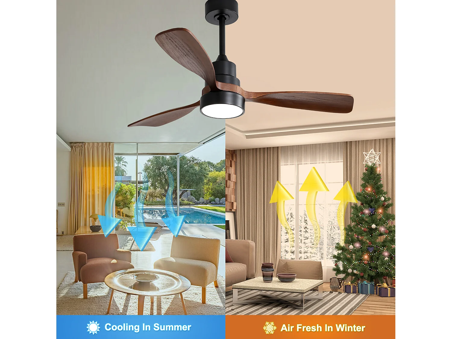 Deckenventilator mit LED-Beleuchtung 122 cm, 48" - Ultra-leiser DC-Motor, 3 Flügel aus Massivholz, Fernbedienung, Umkehrfunktion, Dimmbar - Schwarz