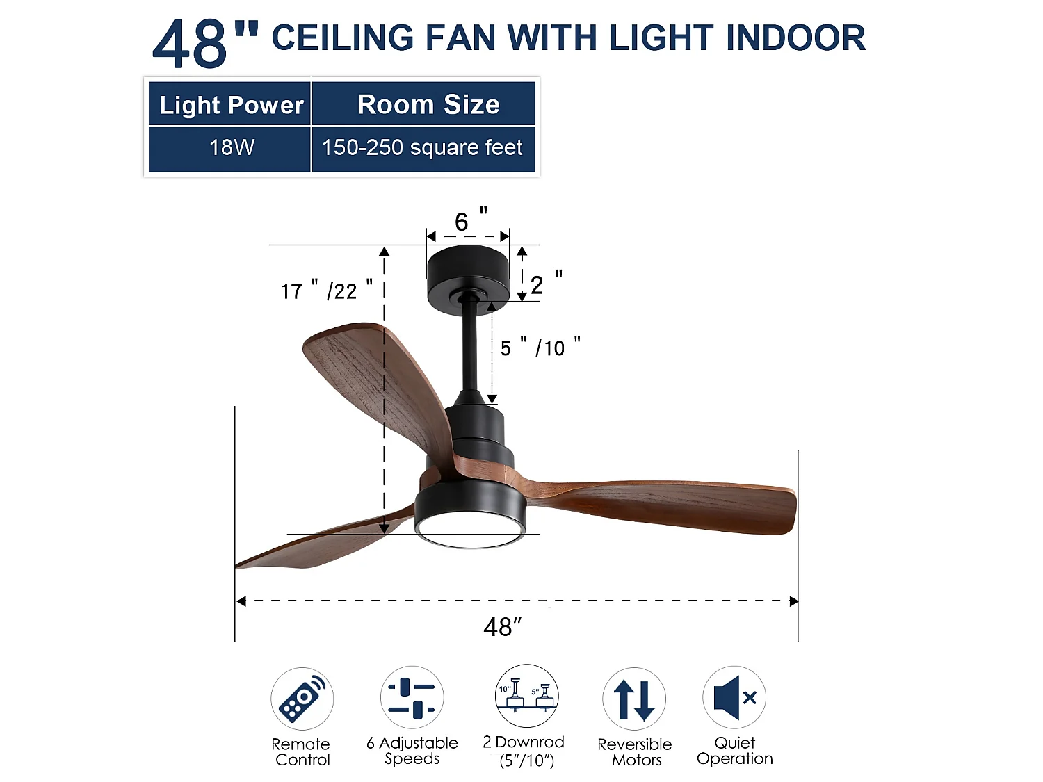 Deckenventilator mit LED-Beleuchtung 122 cm, 48" - Ultra-leiser DC-Motor, 3 Flügel aus Massivholz, Fernbedienung, Umkehrfunktion, Dimmbar - Schwarz