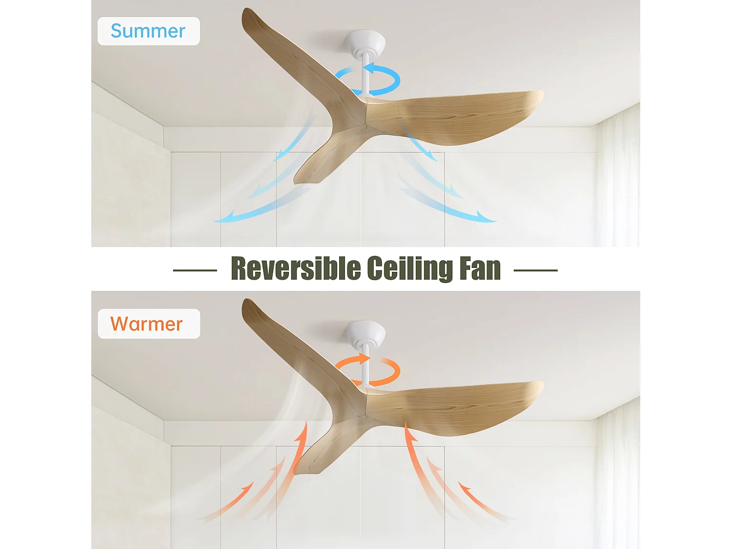 Ventilateur de Plafond Design 132cm, 52" - Moteur DC Ultra-Silencieux, 3 Pales en ABS, Télécommande, Réversible, Sans Lumière - Naturel