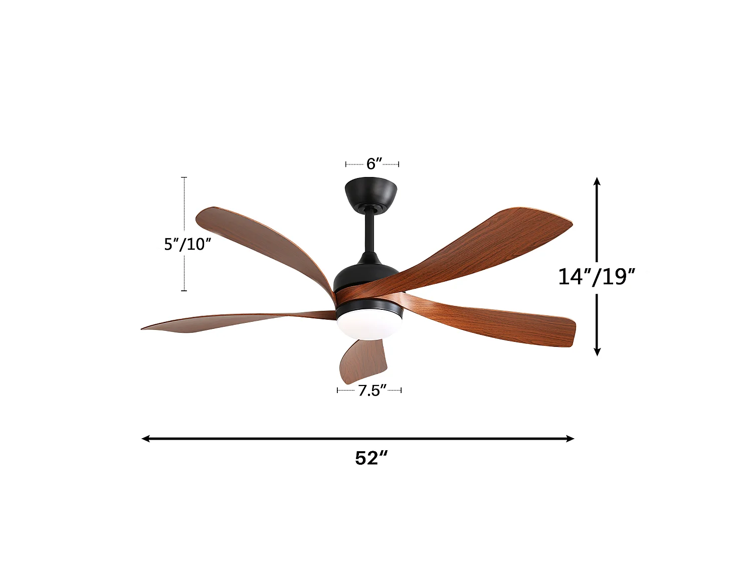 Plafondventilator met LED-verlichting 132 cm, 52" - Stille DC-motor, 5 ABS-bladen, Afstandsbediening, Omkeerbare Draairichting, Timer - Zwart