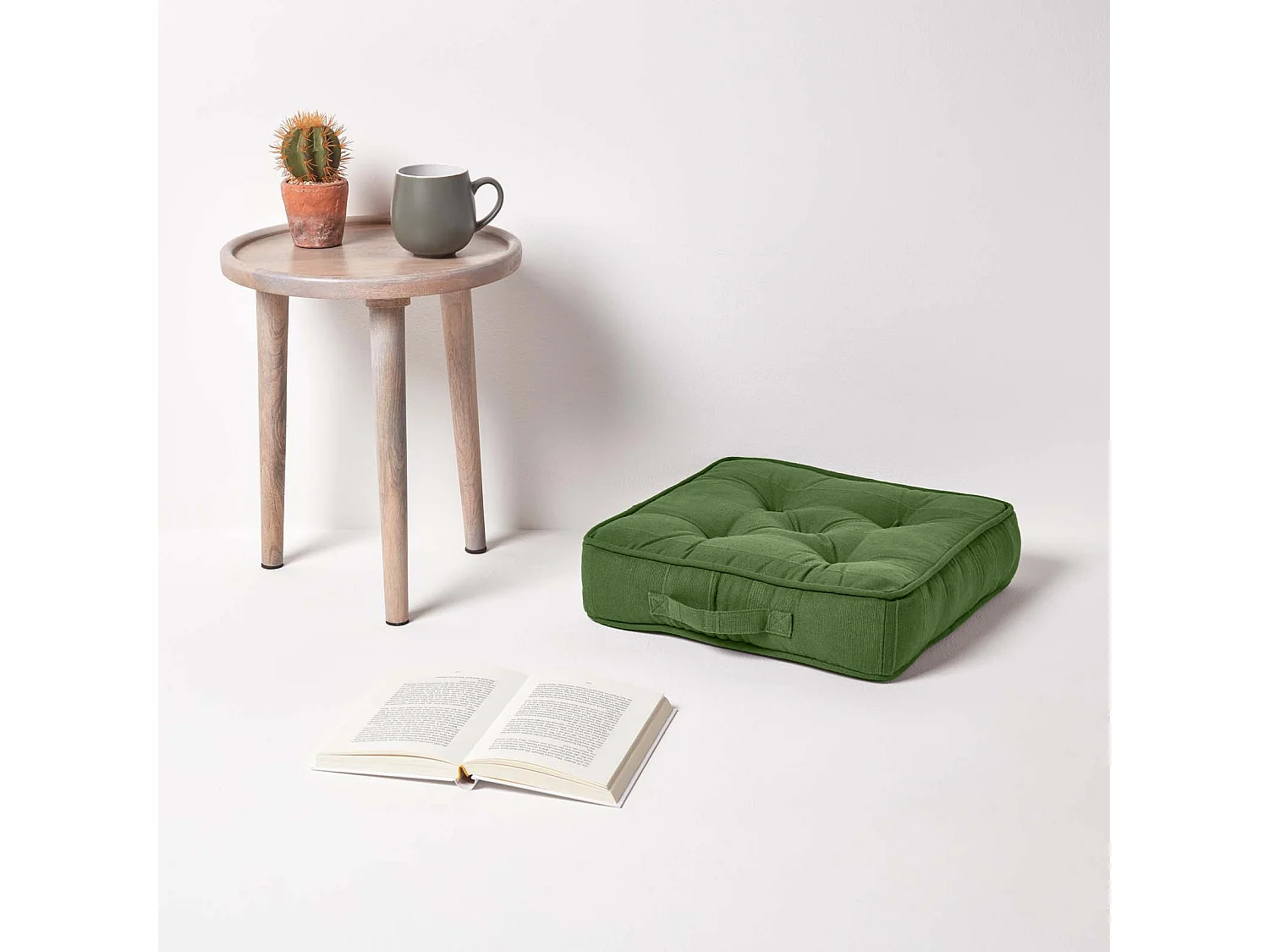 Homescapes 100% Cotton Rajput Floor Cushion, 40 x 40 x 8 cm, Dark Olive Green, OEKO-TEX Certified, Handcrafted, 16 x 16 x 3"