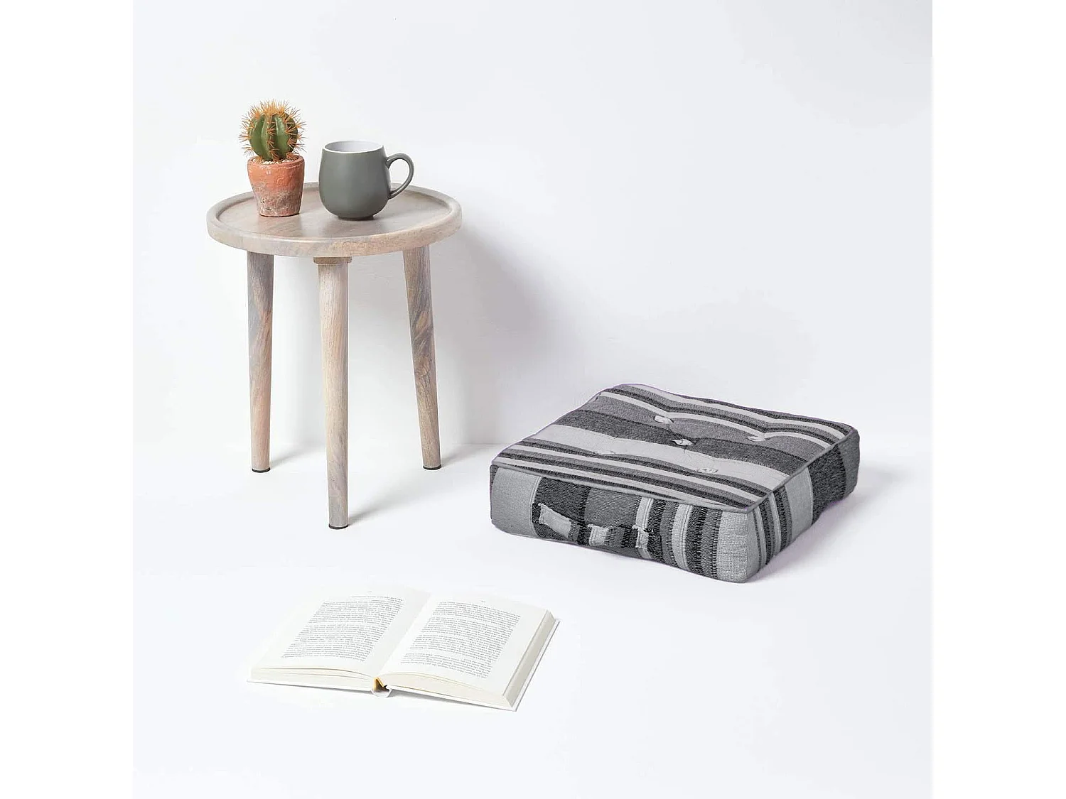 Homescapes 100% Cotton Morocco Floor Cushion, 40 x 40 x 8 cm, Grey, Stripe, OEKO-TEX Certified, Handcrafted, 16 x 16 x 3"