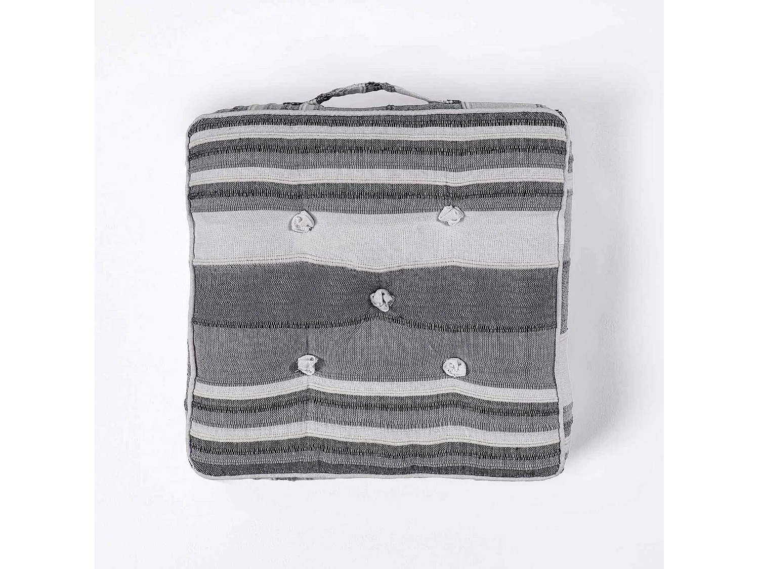 Homescapes 100% Cotton Morocco Floor Cushion, 40 x 40 x 8 cm, Grey, Stripe, OEKO-TEX Certified, Handcrafted, 16 x 16 x 3"