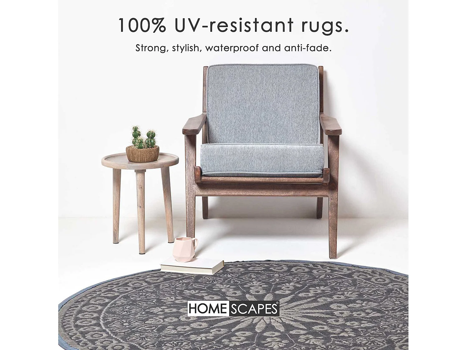 Homescapes Luxury Outdoor Rug Waterproof Reversible Round for Garden Patio, 170 cm, Black, 100% Recycled, Mandala