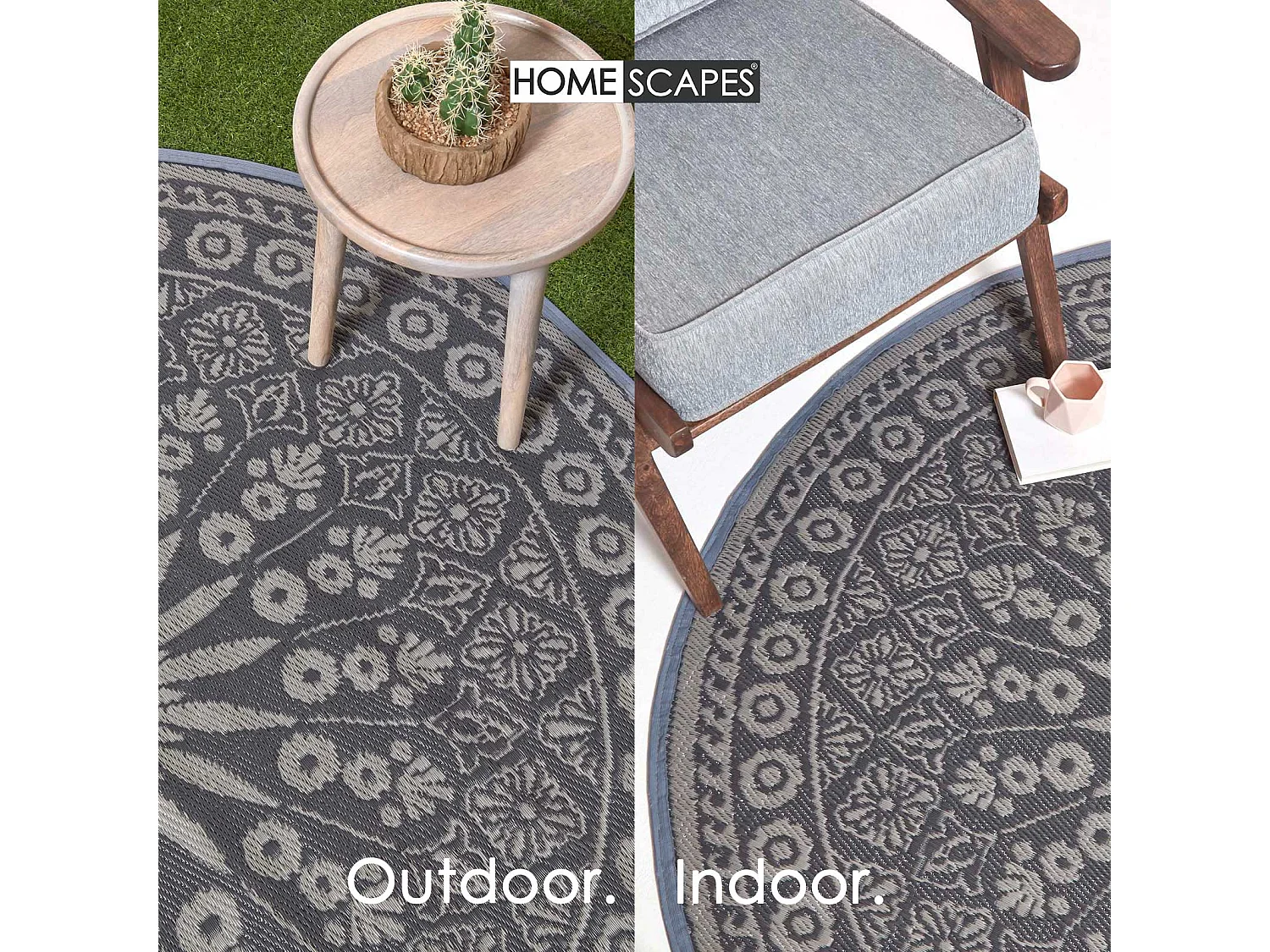 Homescapes Luxury Outdoor Rug Waterproof Reversible Round for Garden Patio, 170 cm, Black, 100% Recycled, Mandala