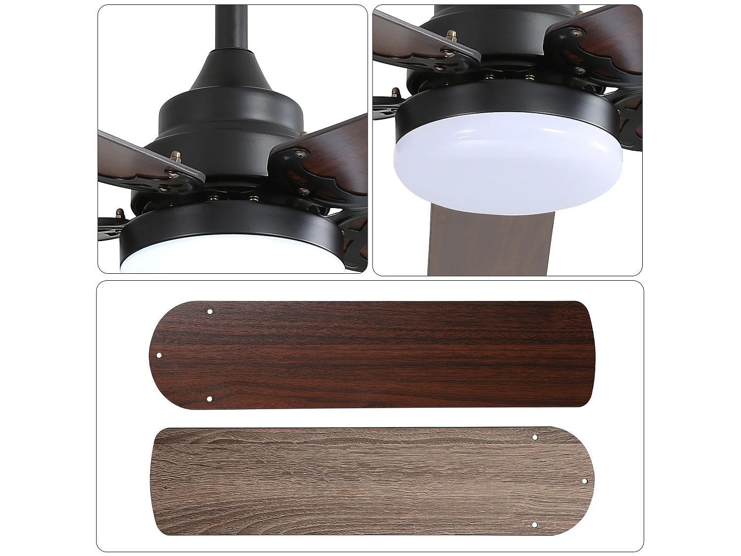 Ventilateur de Plafond avec Lumière LED 106cm, 42" - Moteur DC Ultra-Silencieux, Pales Réversibles, Télécommande, Réversible, Dimmable - Noir/Bois