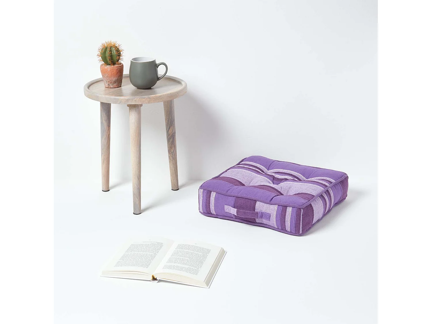 Homescapes 100% Cotton Morocco Floor Cushion, 40 x 40 x 8 cm, Mauve Purple, Stripe, OEKO-TEX Certified, Handcrafted, 16 x 16 x 3"