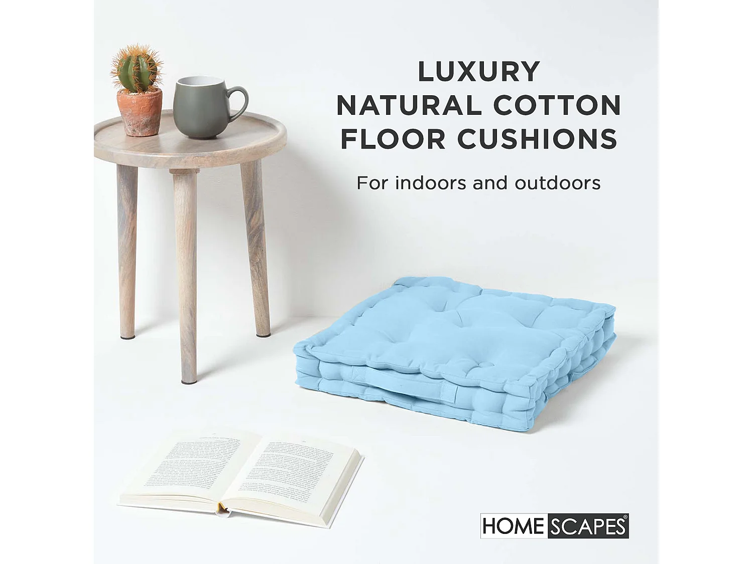 Homescapes 100% Cotton Plain Floor Cushion, 50 x 50 x 10 cm, Blue, OEKO-TEX Certified, Handcrafted, 20 x 20 x 4"