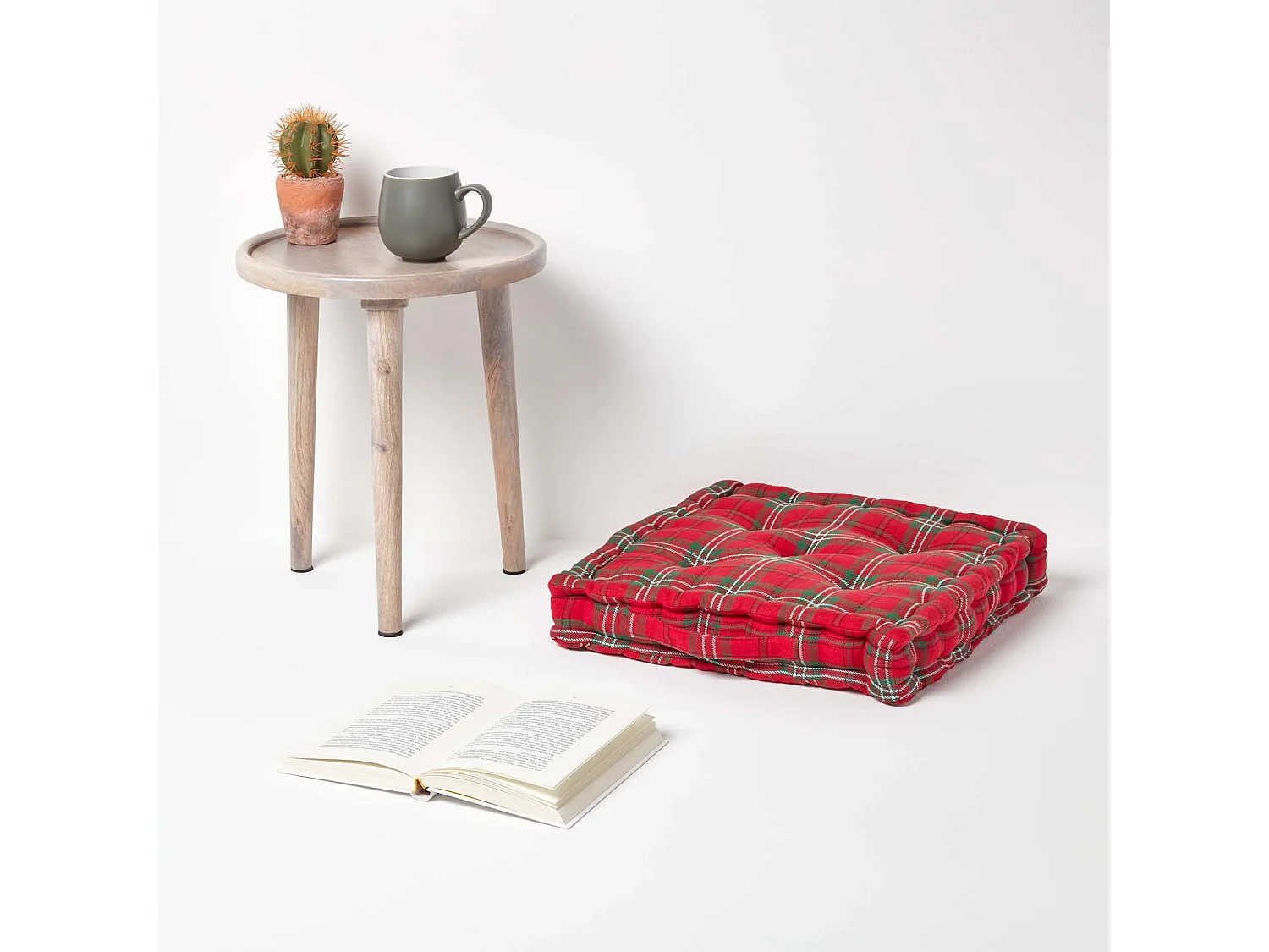 Homescapes 100% Cotton Tartan Floor Cushion, 40 x 40 x 8 cm, Red, OEKO-TEX Certified, Handcrafted, 16 x 16 x 3"