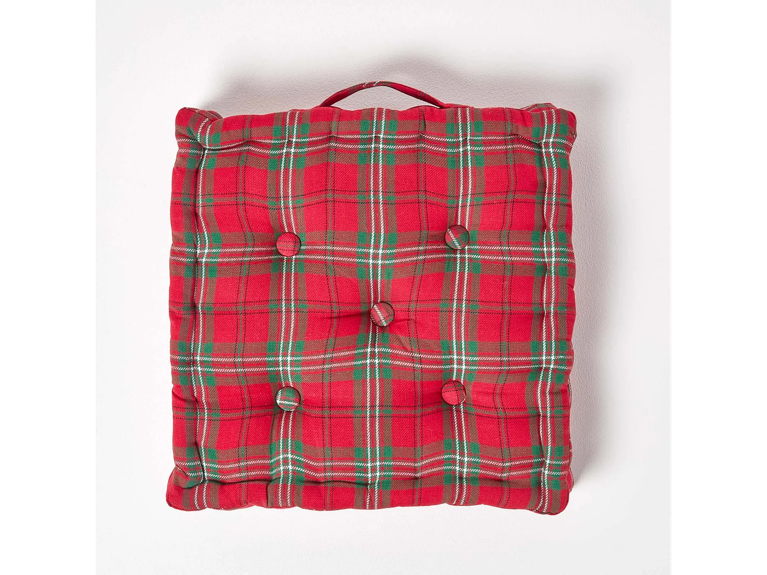 Homescapes 100% Cotton Tartan Floor Cushion, 40 x 40 x 8 cm, Red, OEKO-TEX Certified, Handcrafted, 16 x 16 x 3"
