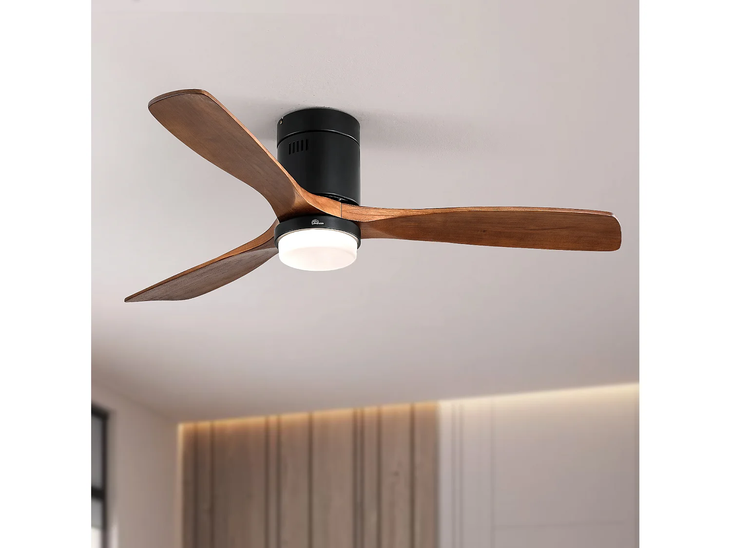 Ventilateur de Plafond Design 132cm, 52" avec LED - Moteur DC Ultra-Silencieux - Télécommande, Réversible, Dimmable - Noir & Noyer