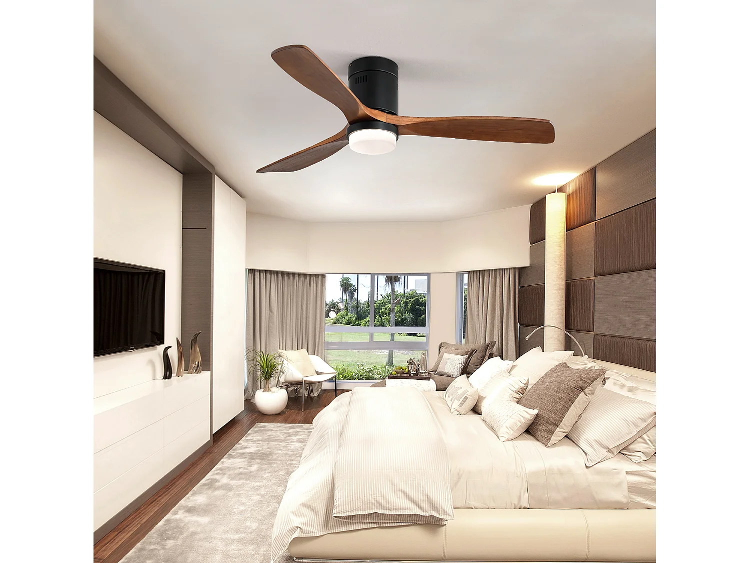 Ventilateur de Plafond Design 132cm, 52" avec LED - Moteur DC Ultra-Silencieux - Télécommande, Réversible, Dimmable - Noir & Noyer
