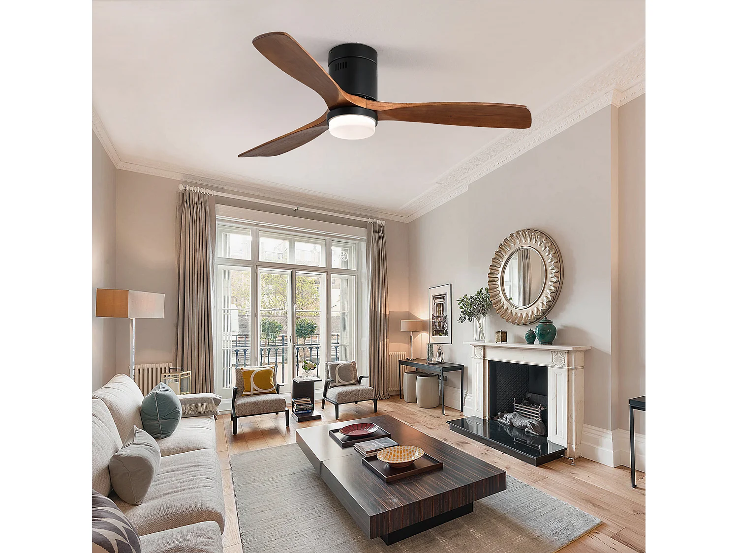 Ventilateur de Plafond Design 132cm, 52" avec LED - Moteur DC Ultra-Silencieux - Télécommande, Réversible, Dimmable - Noir & Noyer