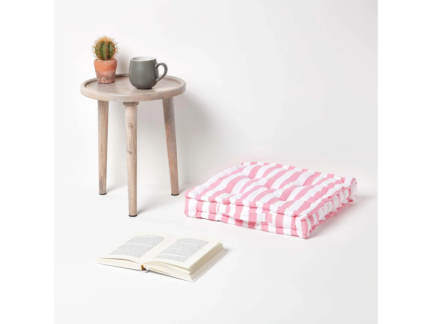 Homescapes 100% Cotton Stripe Floor Cushion, 50 x 50 x 10 cm, Pink, OEKO-TEX Certified, Handcrafted, 20 x 20 x 4"