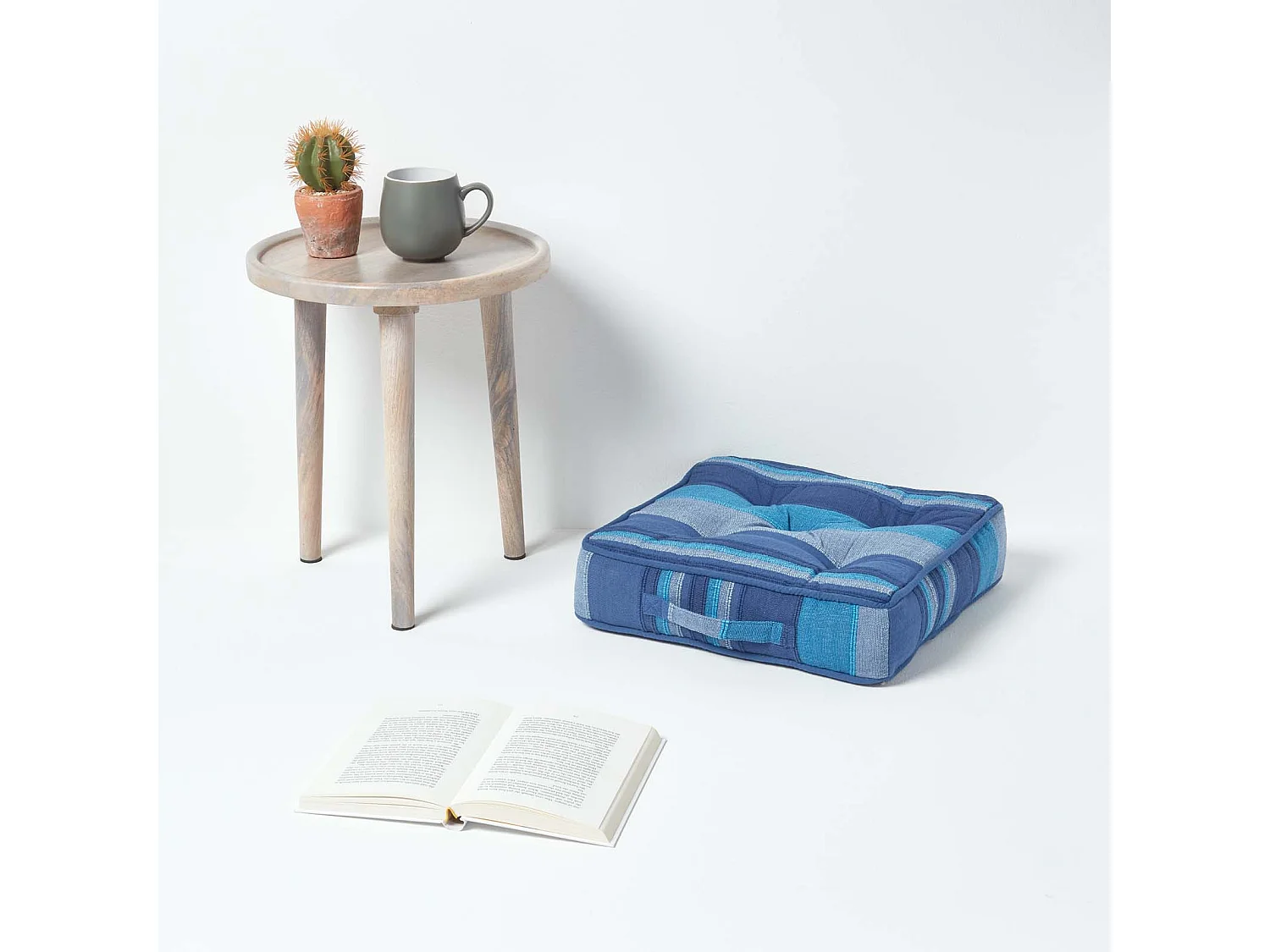 Homescapes 100% Cotton Morocco Floor Cushion, 40 x 40 x 8 cm, Blue, Stripe, OEKO-TEX Certified, Handcrafted, 16 x 16 x 3"