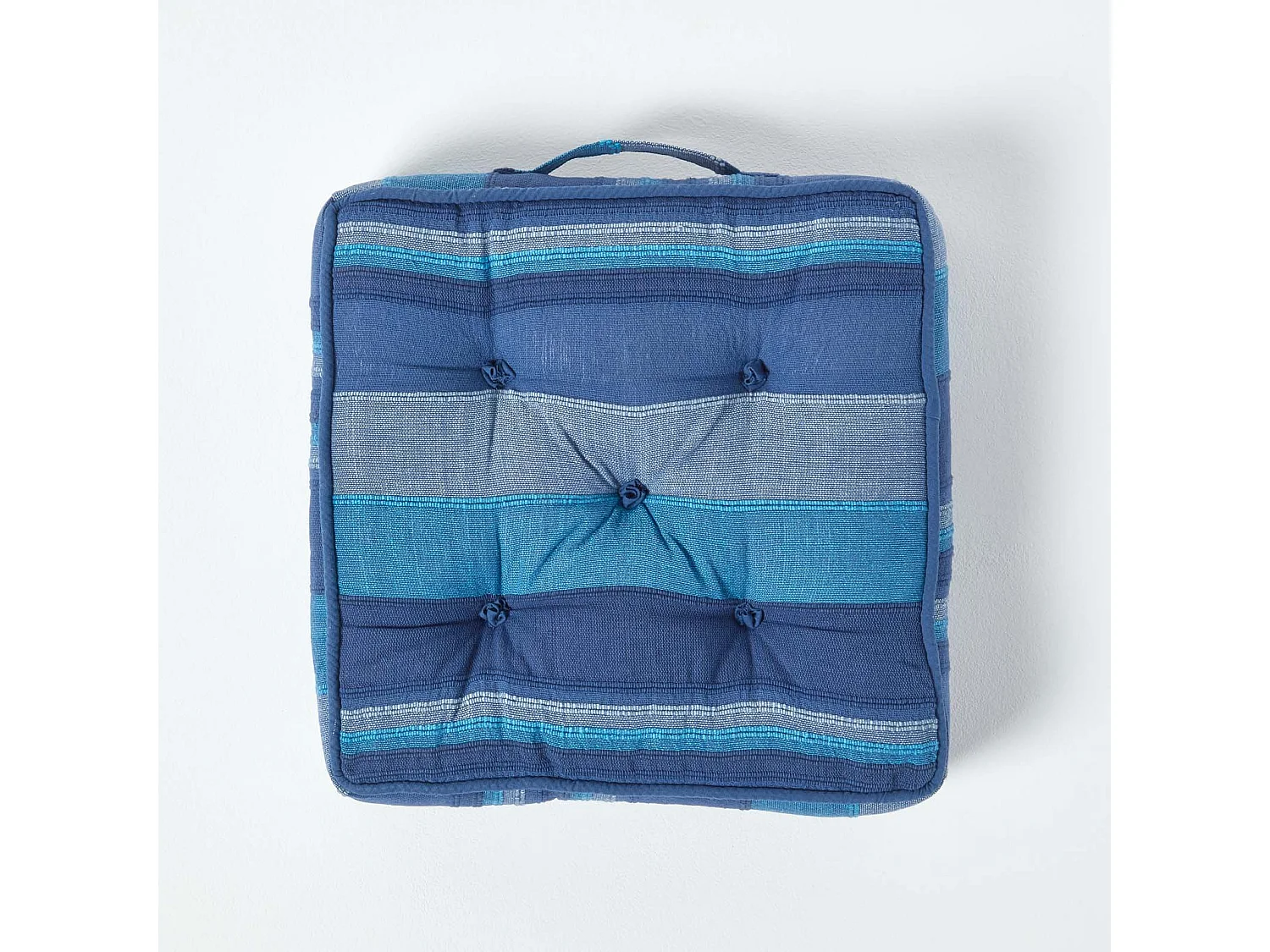 Homescapes 100% Cotton Morocco Floor Cushion, 40 x 40 x 8 cm, Blue, Stripe, OEKO-TEX Certified, Handcrafted, 16 x 16 x 3"