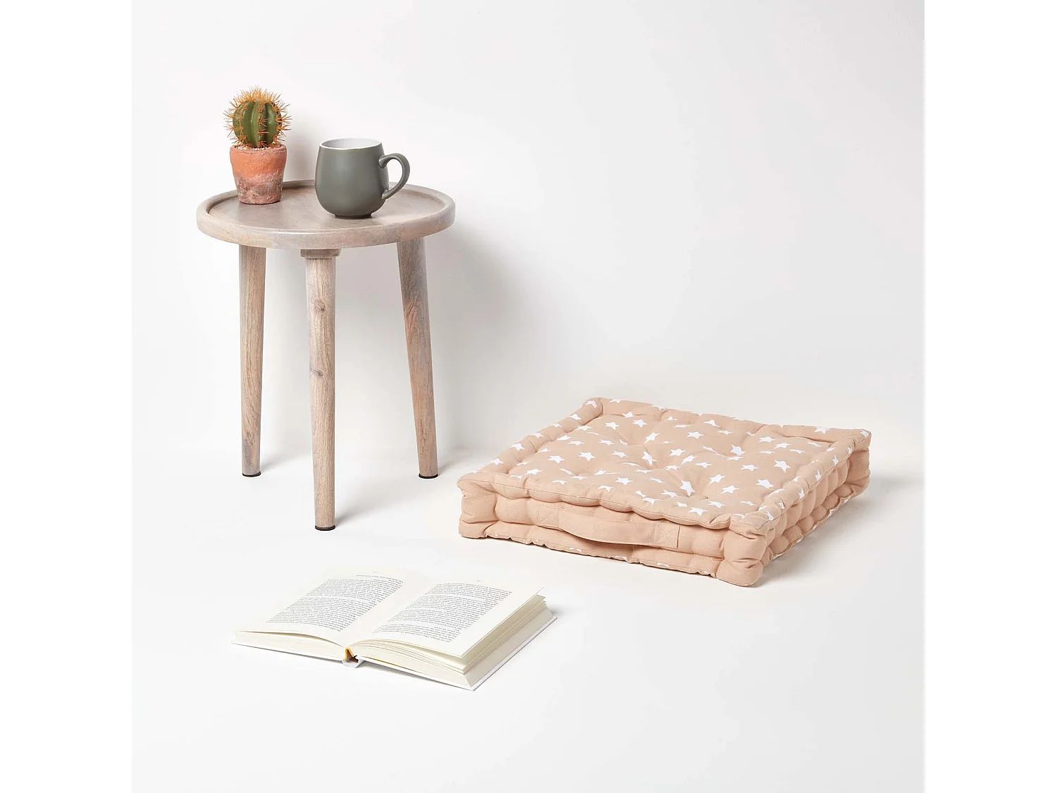 Homescapes 100% Cotton Stars Floor Cushion, 40 x 40 x 8 cm, Beige, OEKO-TEX Certified, Handcrafted, 16 x 16 x 3"