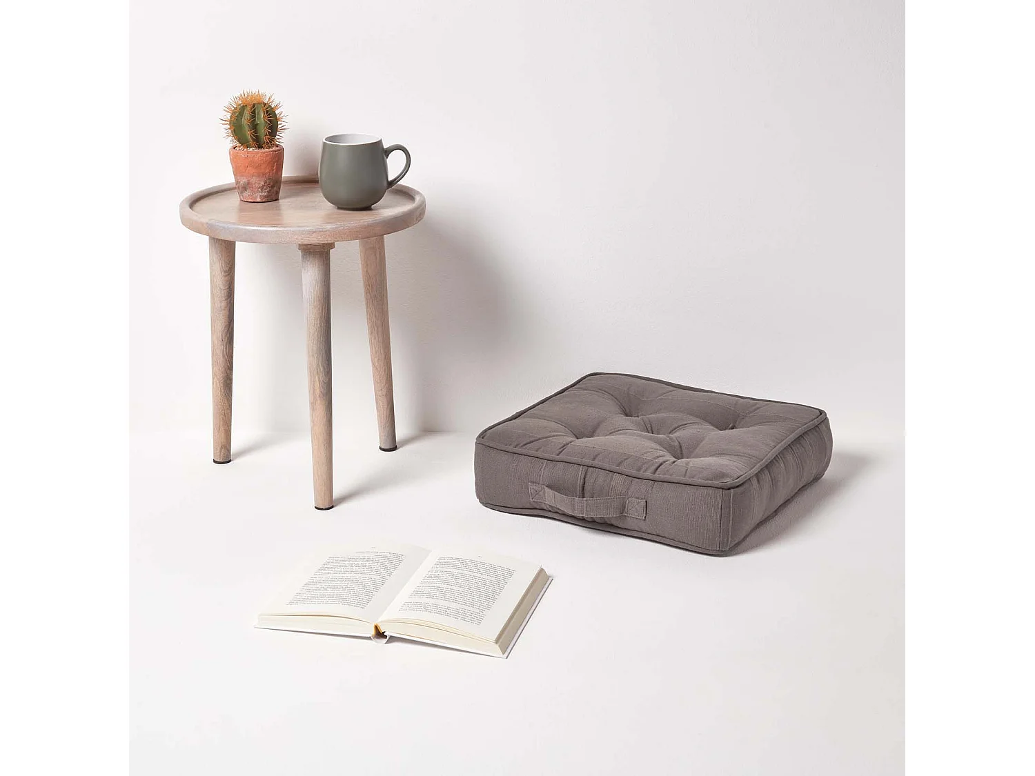 Homescapes 100% Cotton Rajput Floor Cushion, 40 x 40 x 8 cm, Charcoal Grey, OEKO-TEX Certified, Handcrafted, 16 x 16 x 3"
